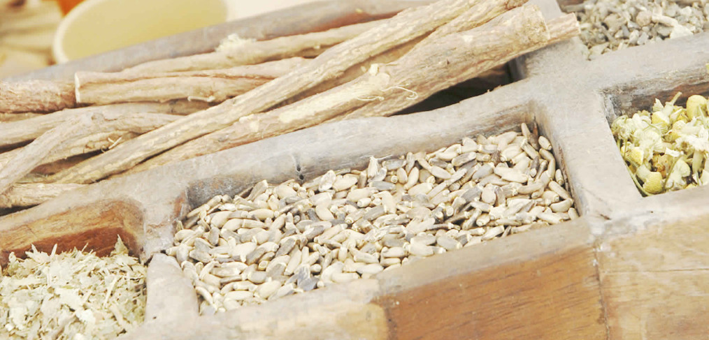 Wooden box with Chinese medicinal herbs