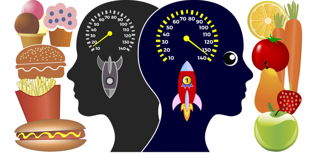 Illustration of two heads with fast food items on the right and fruit and vegetables on the right.