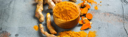 Raw organic orange turmeric root and powder, curcuma longa on a grunge cooking table.