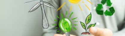 Graphic images illustrating a sun, light bulb, turbine, a seedling and the recycle symbol on the palm of a man.