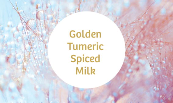 A round text box with the words golden turmeric spiced milk on a light blue and pink background