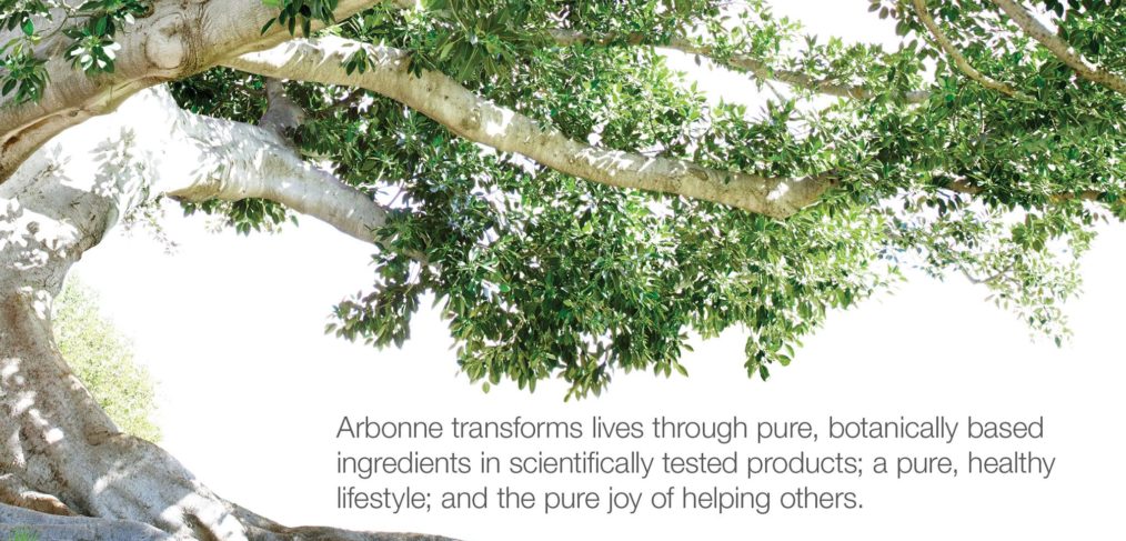 A picture of a tree with the words "Arbonne transforms lives through pure, botanically based ingredients in scientifically tested products; a pure, healthy lifestyle; and the pure joy of helping others."