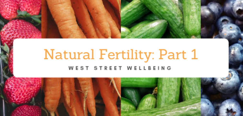 A collage of strawberries, carrots, cucumbers and blueberries with a text box reading natural fertility: part 1, west street wellbeing.